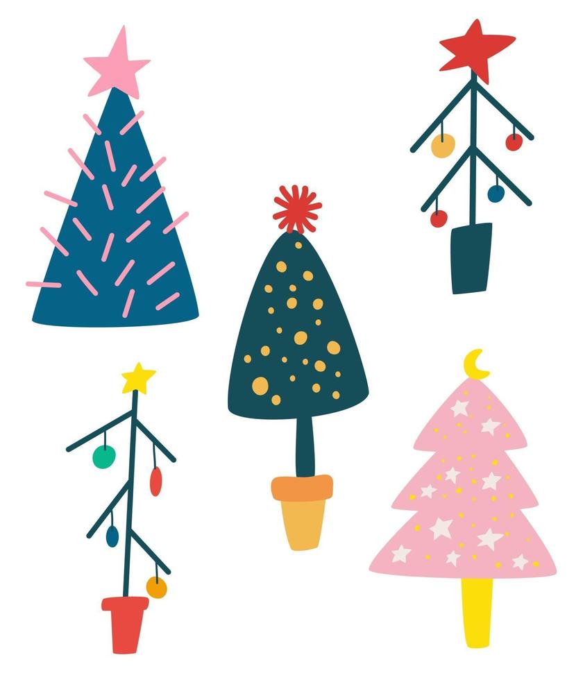 set di alberi di Natale dei cartoni animati. foresta invernale. vettore