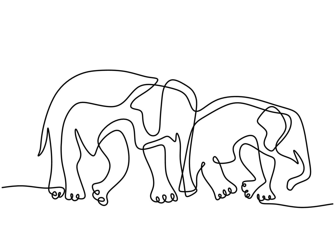 due elefanti disegno continuo a una linea d'arte vettore