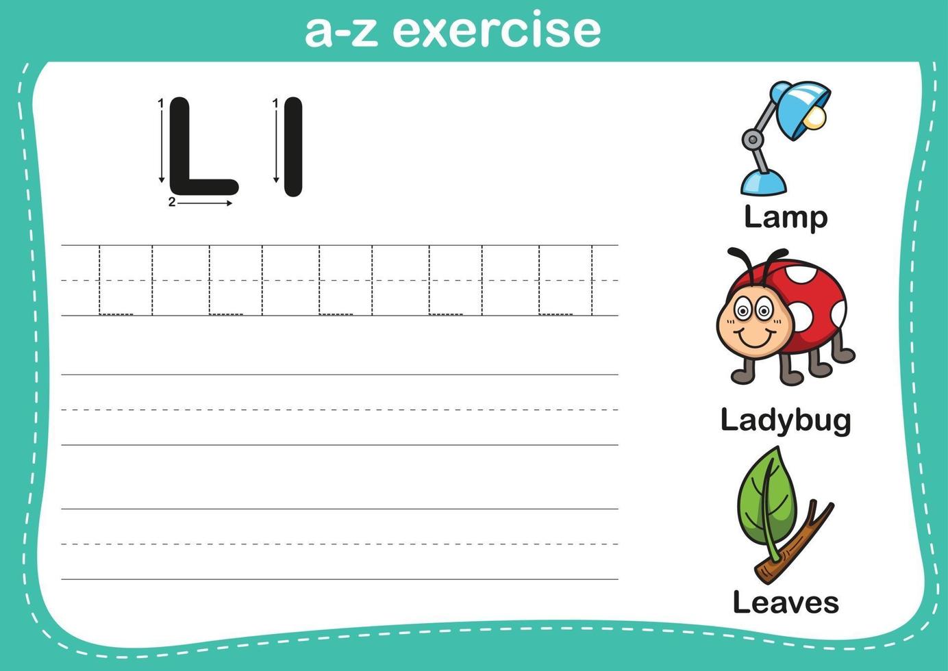 esercizio dell'alfabeto az con illustrazione del vocabolario dei cartoni animati vettore