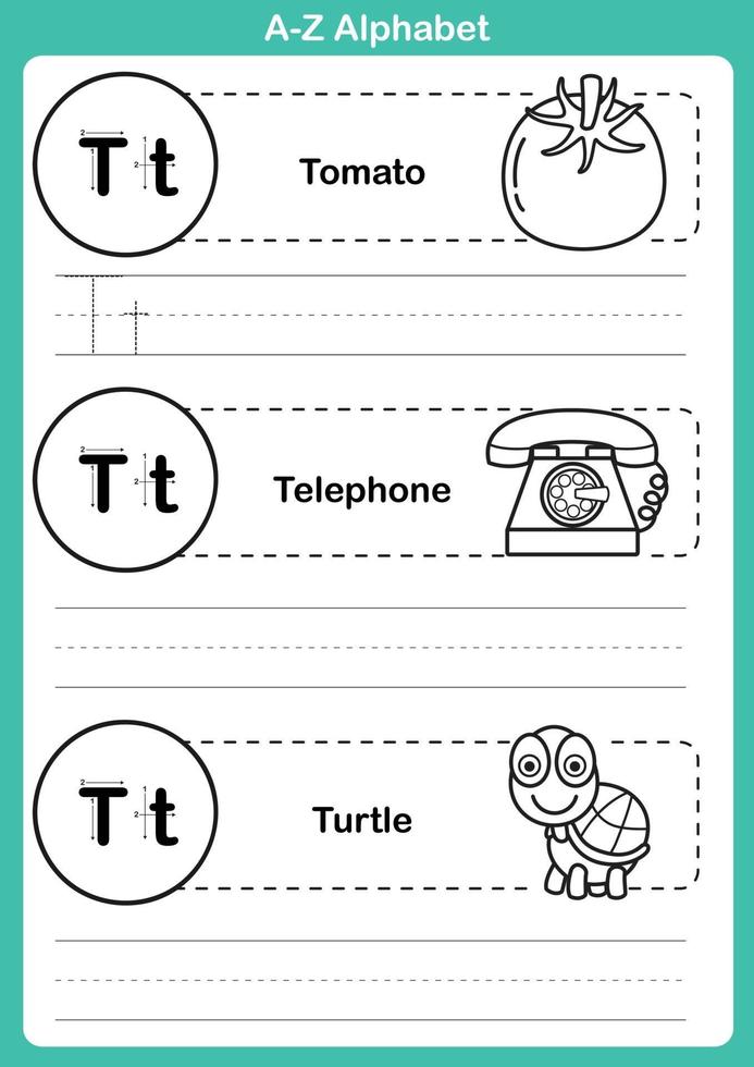 esercizio dell'alfabeto az con vocabolario dei cartoni animati per libro da colorare vettore
