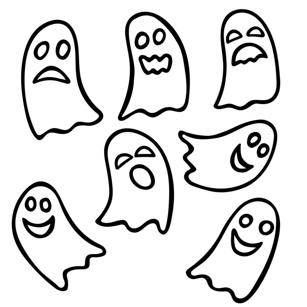 set di scarabocchi disegnati a mano fantasma. ClipArt di spirito di halloween contorno nero vettore