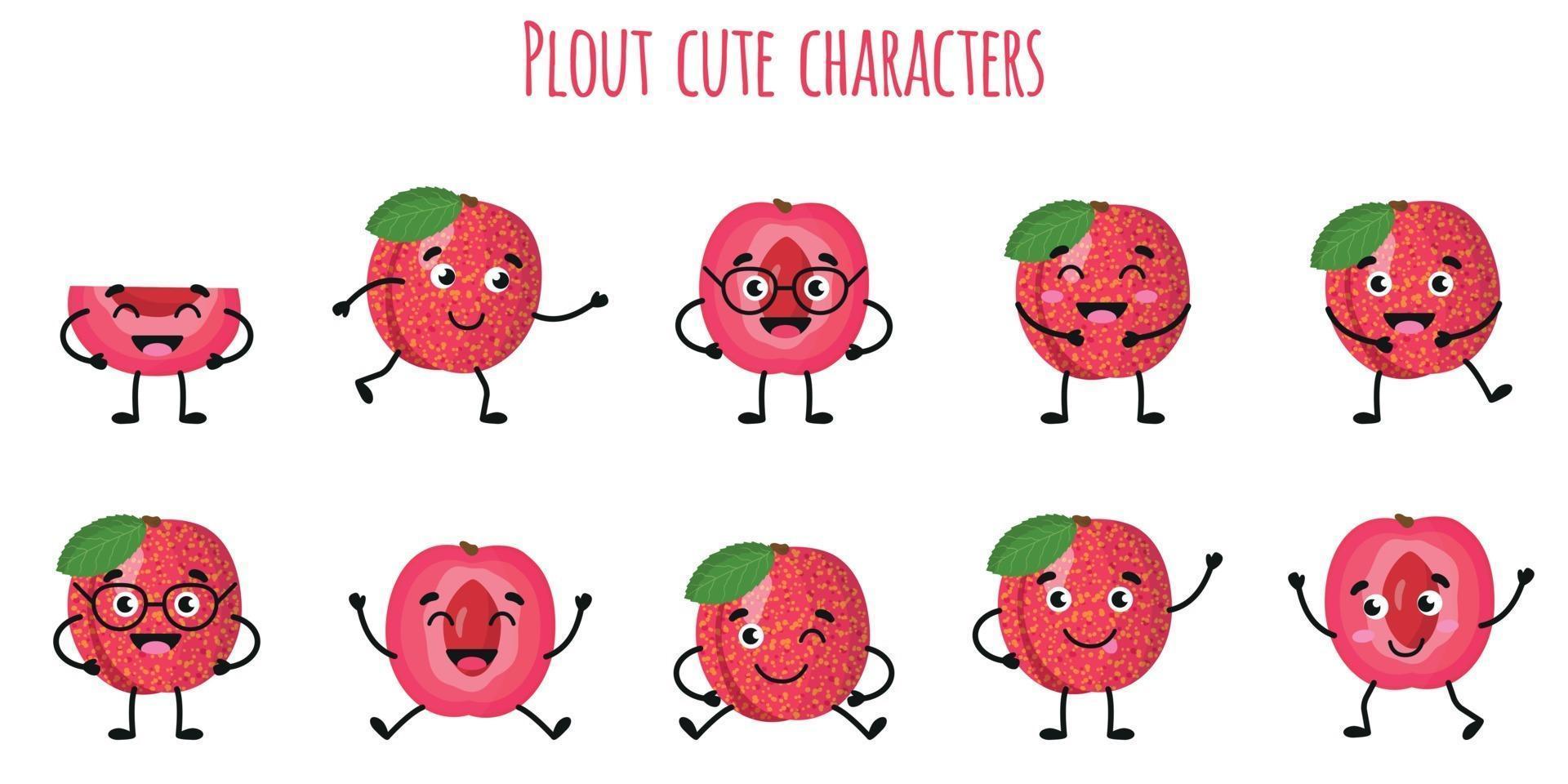 pluot frutta simpatici personaggi divertenti con diverse emozioni vettore