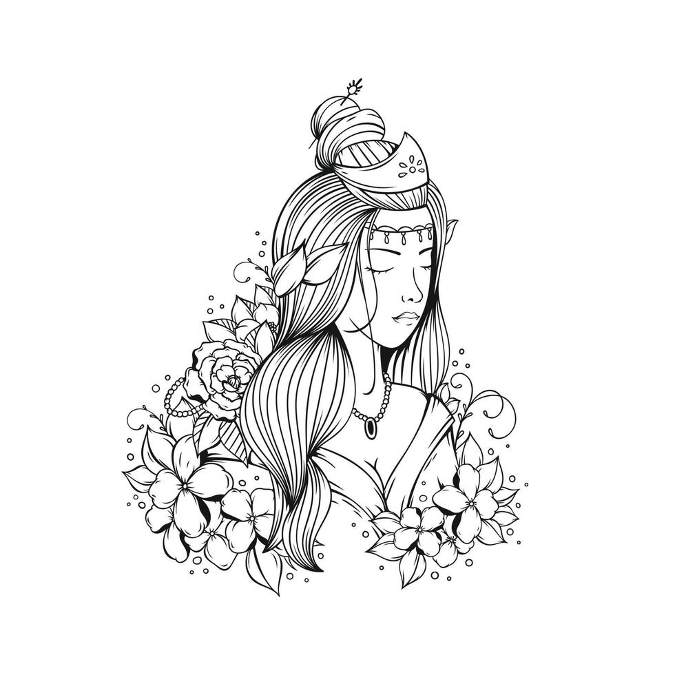 giovane donna di bellezza disegnata a mano con fiori vettore