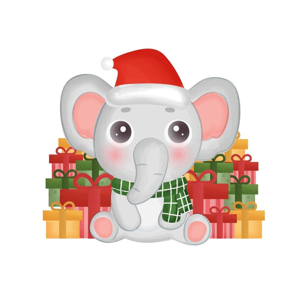 cartolina di Natale con elefante color acqua e scatole regalo. vettore