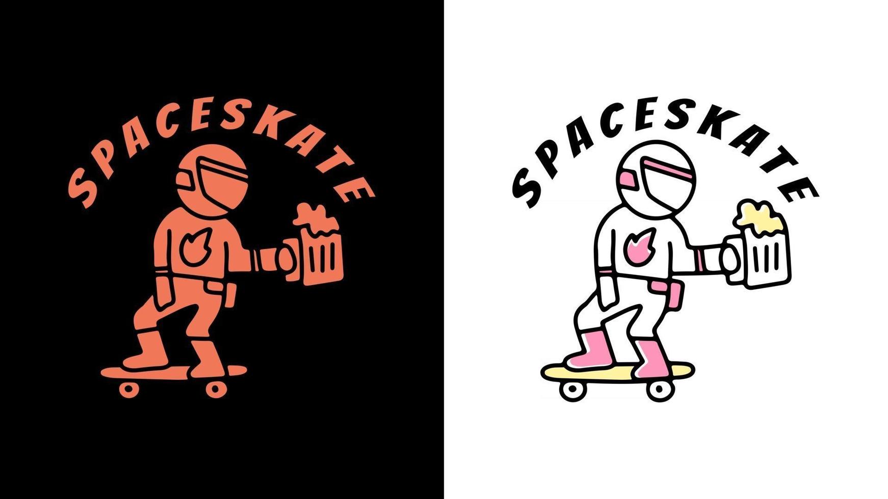 l'astronauta cavalca sullo skate e tiene in mano le birre. illustrazione per t-shirt vettore