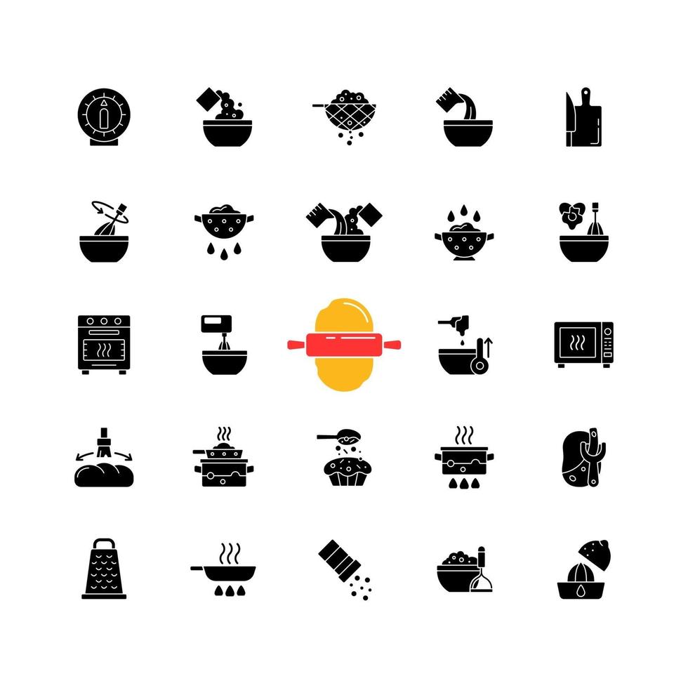 istruzioni di cottura icone glifi nere impostate su spazio bianco vettore
