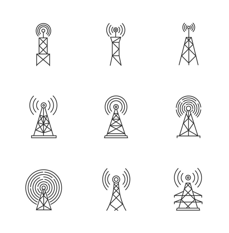 Set di icone lineari perfette per torri cellulari e antenne 5g vettore