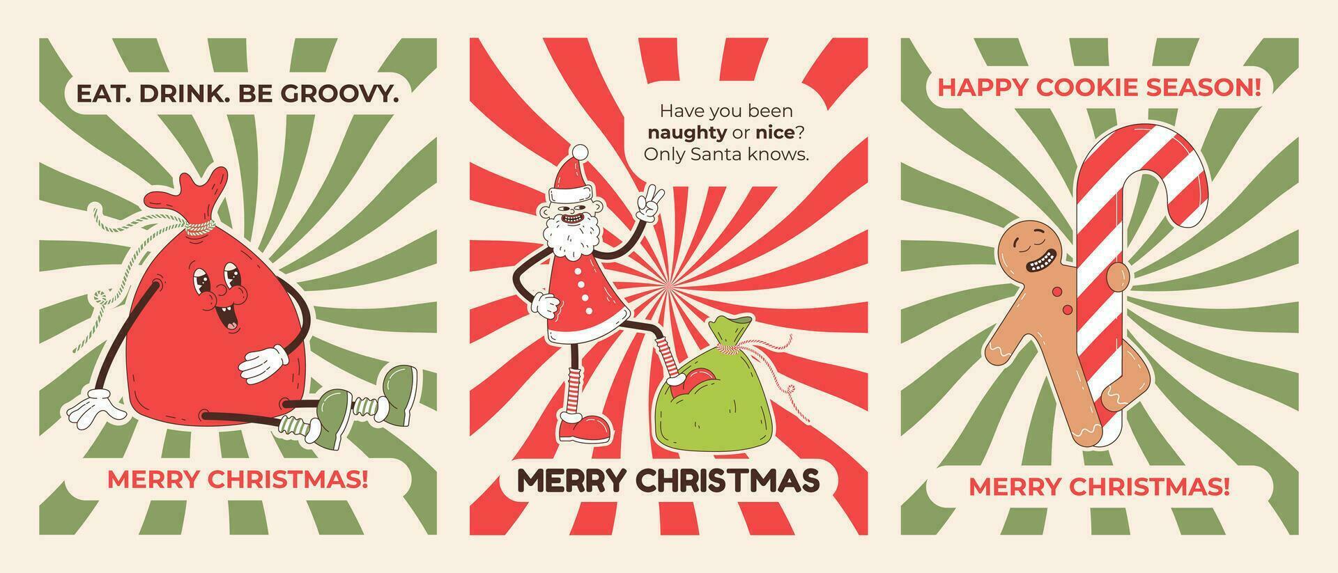 impostato di retrò cartone animato Natale saluto carte con SMS-Babbo Natale, regalo Borsa, Zenzero pane biscotto. allegro Natale manifesto impostato nel di moda Groovy hippie stile. vettore