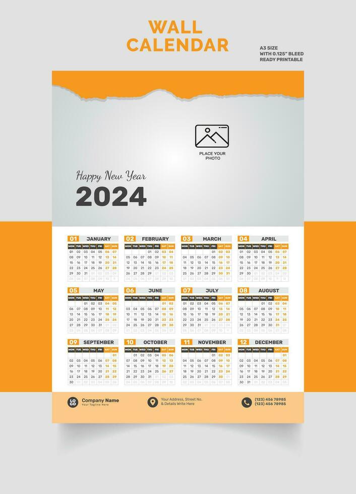 parete calendario 2024 disposizione singolo pagina, uno pagina, mensile trimestrale calendario. minimalismo stile paesaggio calendario per 2024 anno vettore modello