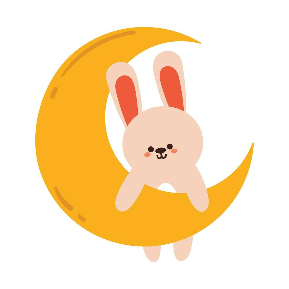 mano disegno cartone animato coniglietto con Luna. carino animale etichetta con cielo elemento vettore