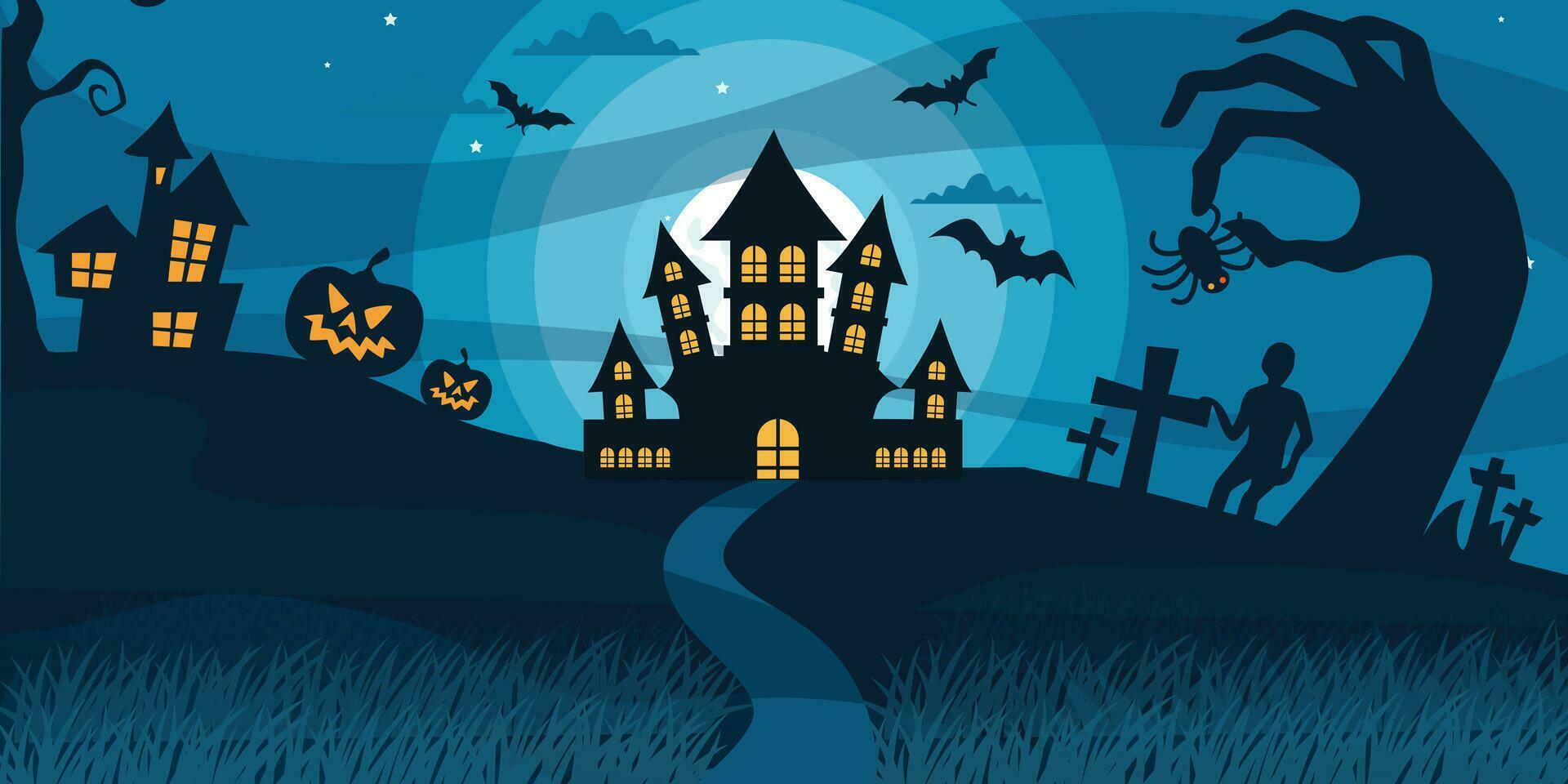 Halloween sfondo con zucche, Halloween sociale media manifesto, Halloween scena, Halloween notte con castello, Halloween notte scena con castello vettore