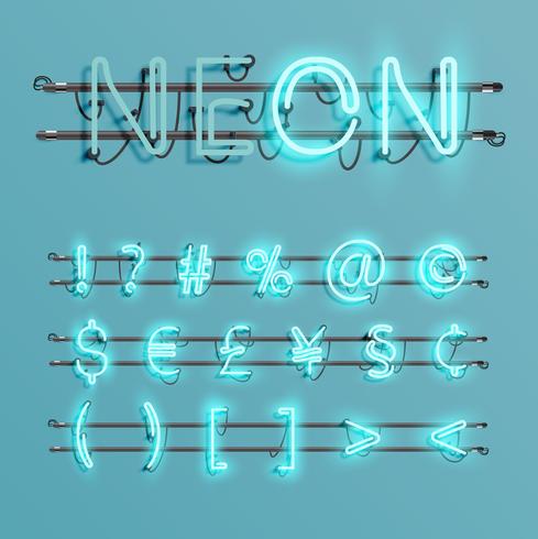 Carattere al neon realistico con fili e console, illustrazione vettoriale