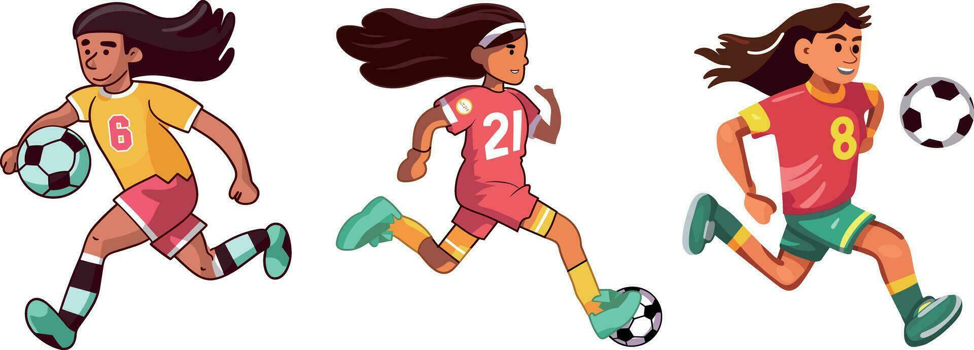 cartone animato calcio giocatore impostare. calcio giocatore nel azione, movimento e movimento. vettore illustrazione