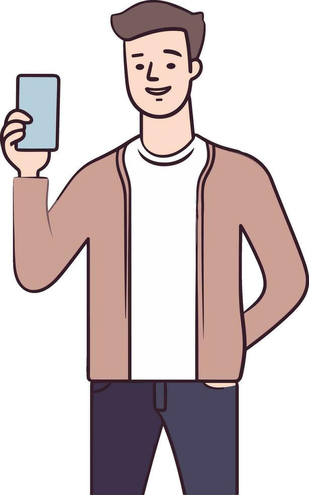 illustrazione di un' giovane uomo utilizzando un' mobile Telefono mentre in piedi visto a partire dal il lato impostato su isolato vettore