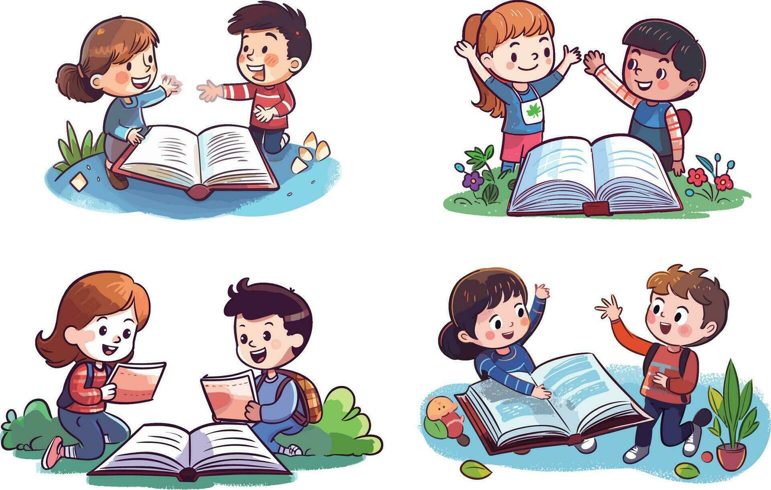 carino bambini lettura libri. carino cartone animato bambini lettura libri. vettore