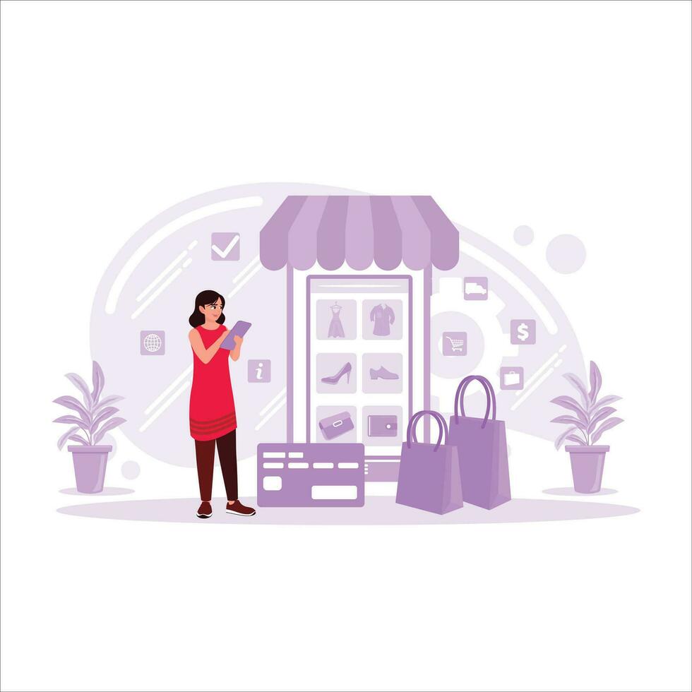 un' donna è shopping in linea attraverso un' mobile Telefono con un' credito carta pagamento. in linea shopping concetto. tendenza moderno vettore piatto illustrazione