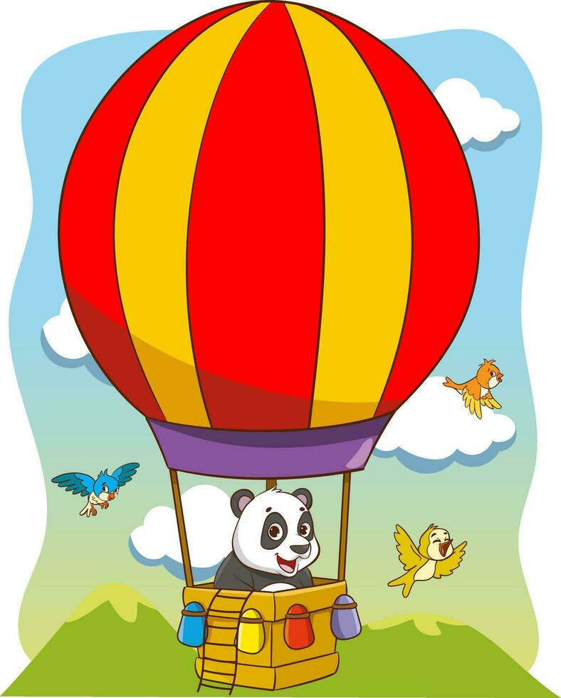 vettore illustrazione di un' carino cartone animato panda volante nel un' caldo aria Palloncino