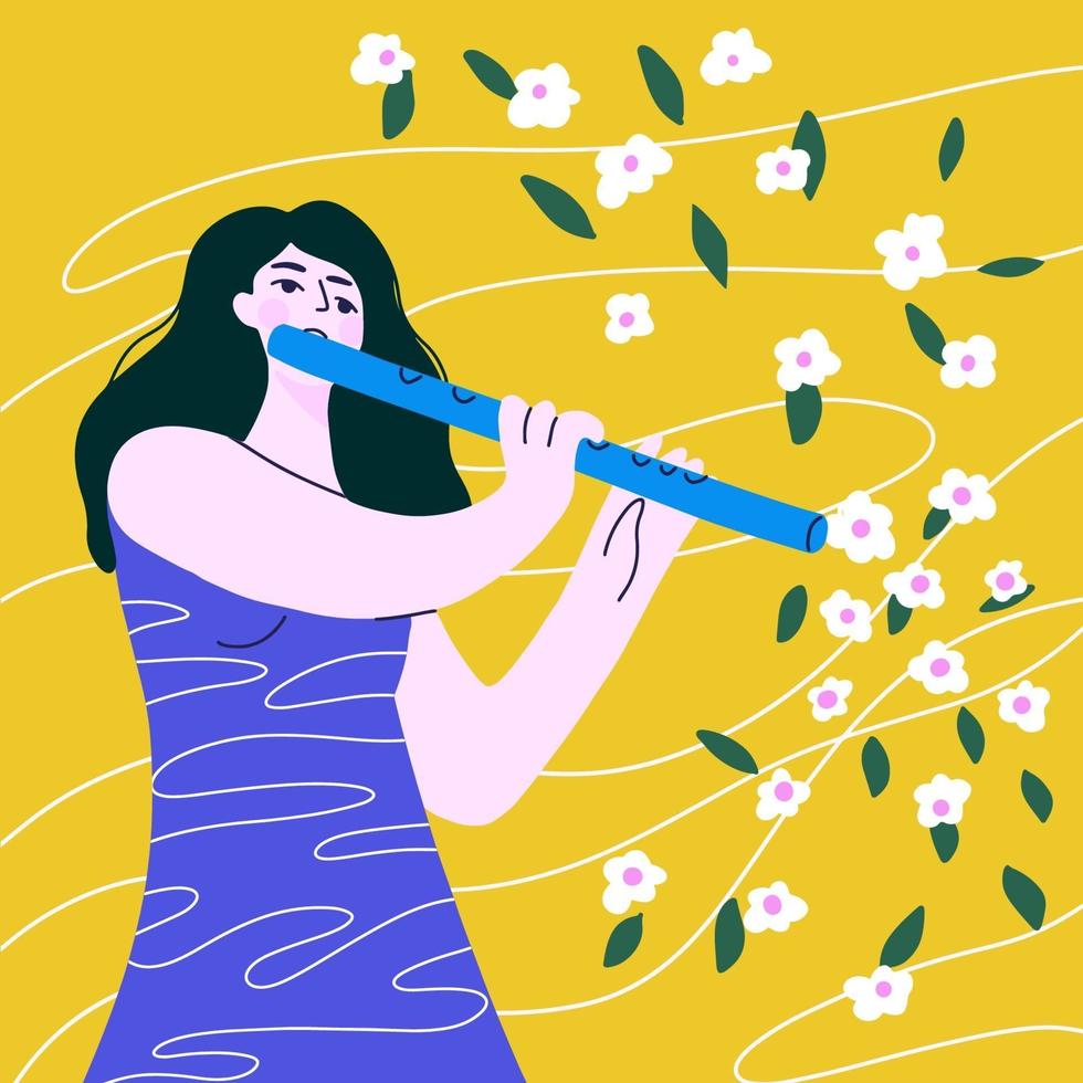 ragazza carina cartone animato che suona il flauto, la musica è un fiore. vettore