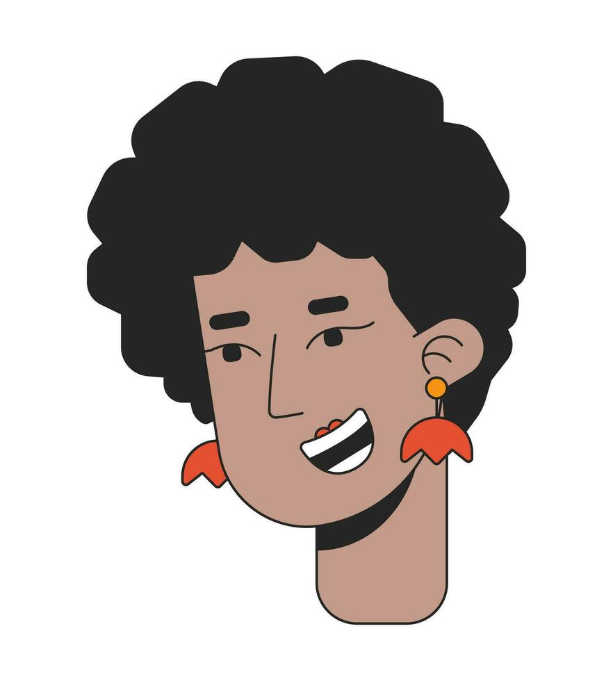 ispirato retrò afro capelli donna 2d lineare cartone animato personaggio testa. africano americano signora con etnico orecchini isolato linea vettore persona viso bianca sfondo. gioioso colore piatto individuare illustrazione