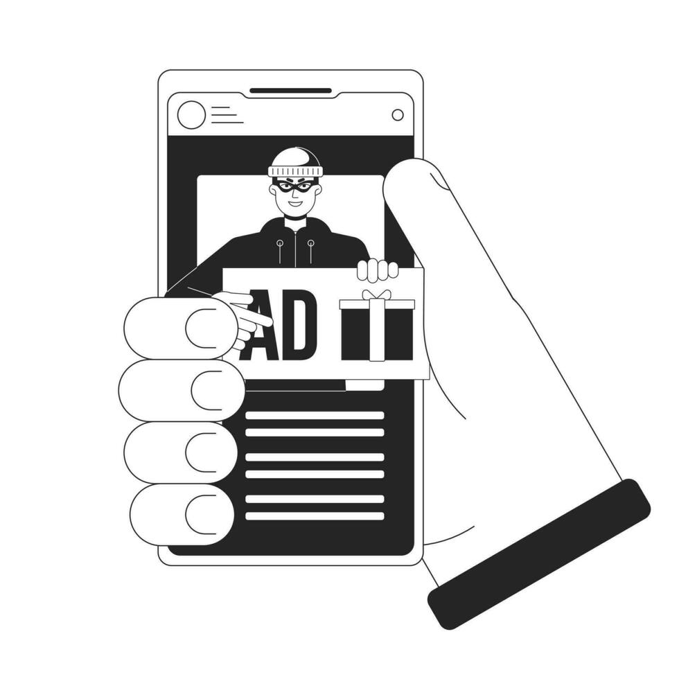 pubblicità frode su smartphone bw concetto vettore individuare illustrazione. ladro furto dati. clic su anno Domini 2d cartone animato piatto linea monocromatico mano per ragnatela ui design. modificabile isolato schema eroe Immagine