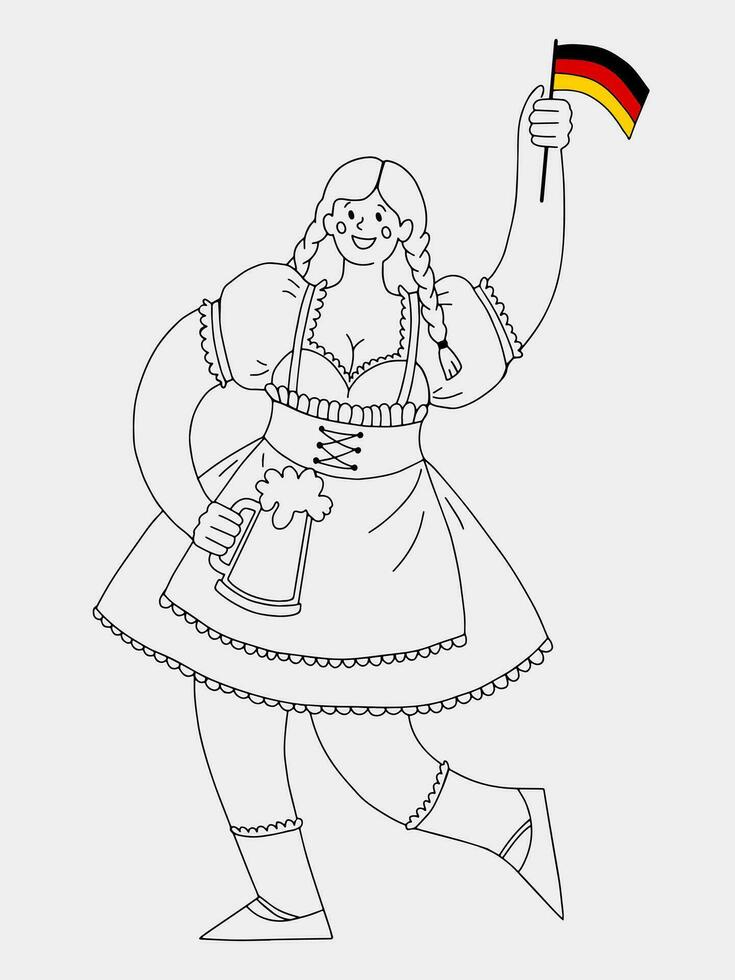 un' ragazza vestito nel un' dirndl è Tenere un' grande boccale di birra e un' Tedesco bandiera. nero e bianca vettore schema illustrazione per Oktoberfest.