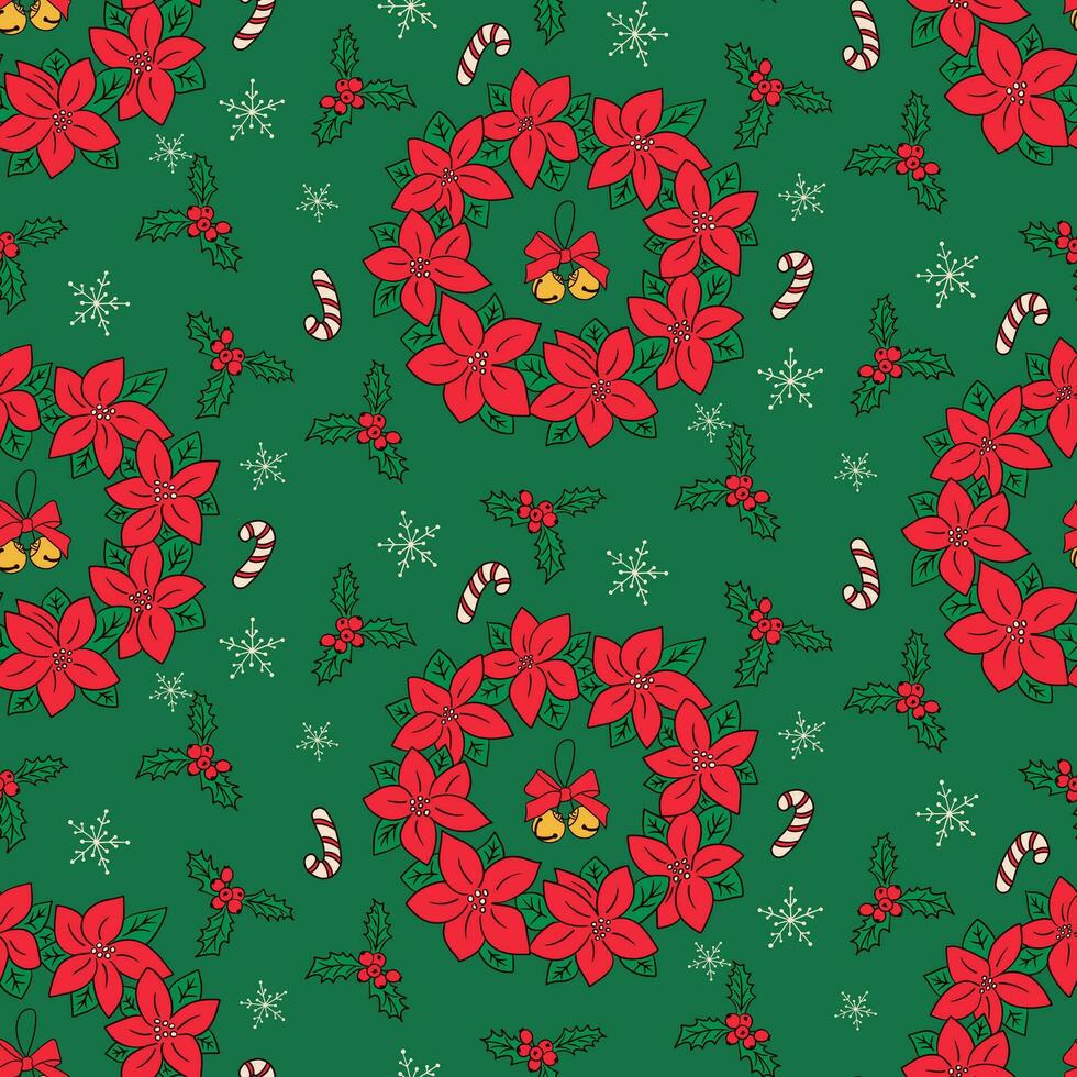 Natale senza soluzione di continuità modello con poinsettia ghirlanda, tintinnio campane, agrifoglio frutti di bosco e i fiocchi di neve nel piatto cartone animato su verde sfondo. inverno vacanza design per decorazione, avvolgere, striscione, sfondo vettore