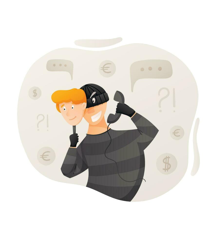 vettore cartone animato isolato illustrazione di chiamata sornione maschio truffatore indossare passamontagna. in linea o Telefono frode, crimine informatico concetto.
