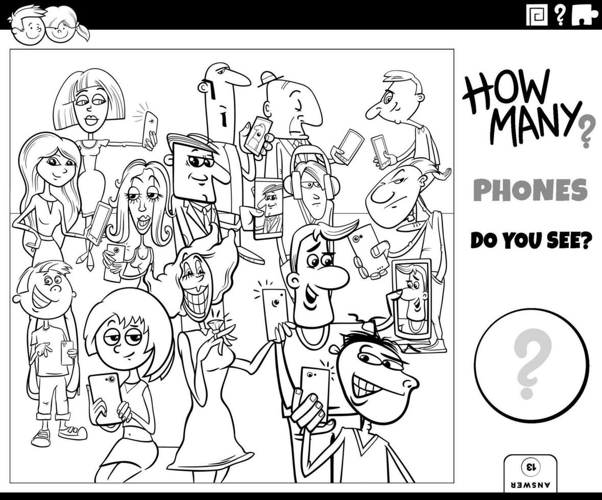 conteggio cartone animato persone con telefoni educativo attività colorazione pagina vettore