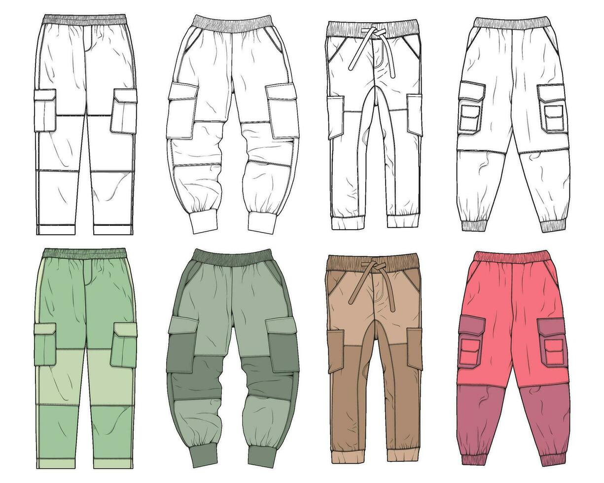 carico pantaloni colorato moda mano disegno tecnico modello. carico tasca moda modello per addestramento. vettore