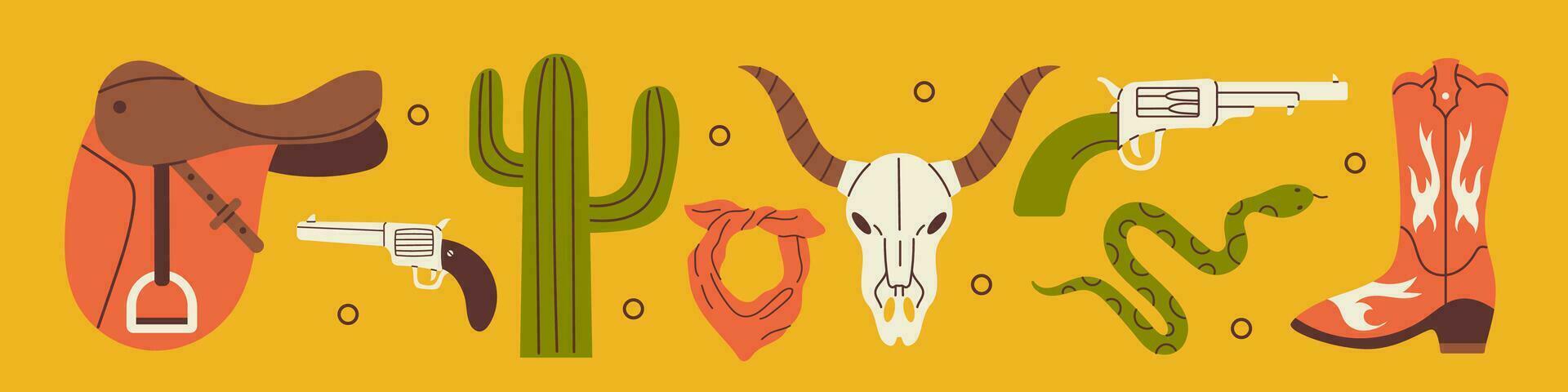 vettore occidentale collezione. retrò impostato di cowboy avvio, bandana, pistola, cactus, mucca cranio, sella e serpente. selvaggio ovest e Texas concetto. Vintage ▾ occidentale elementi.