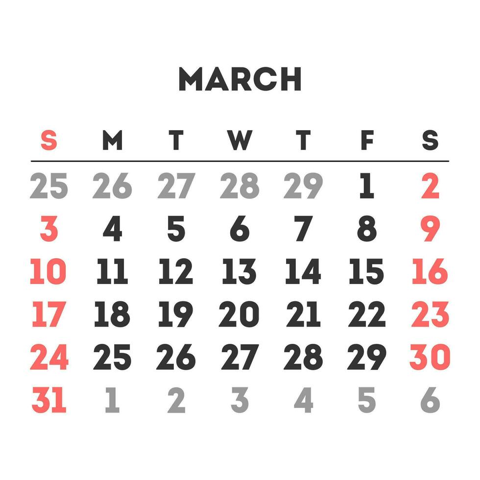 marzo 2024 mese calendario. vettore illustrazione.