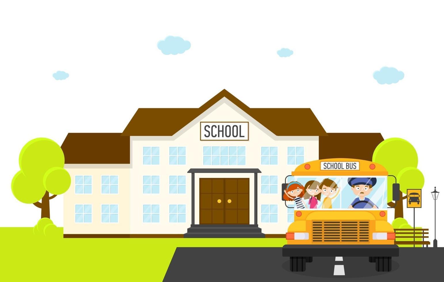 paesaggio scolastico con scuolabus e bambini, illustrazione vettoriale