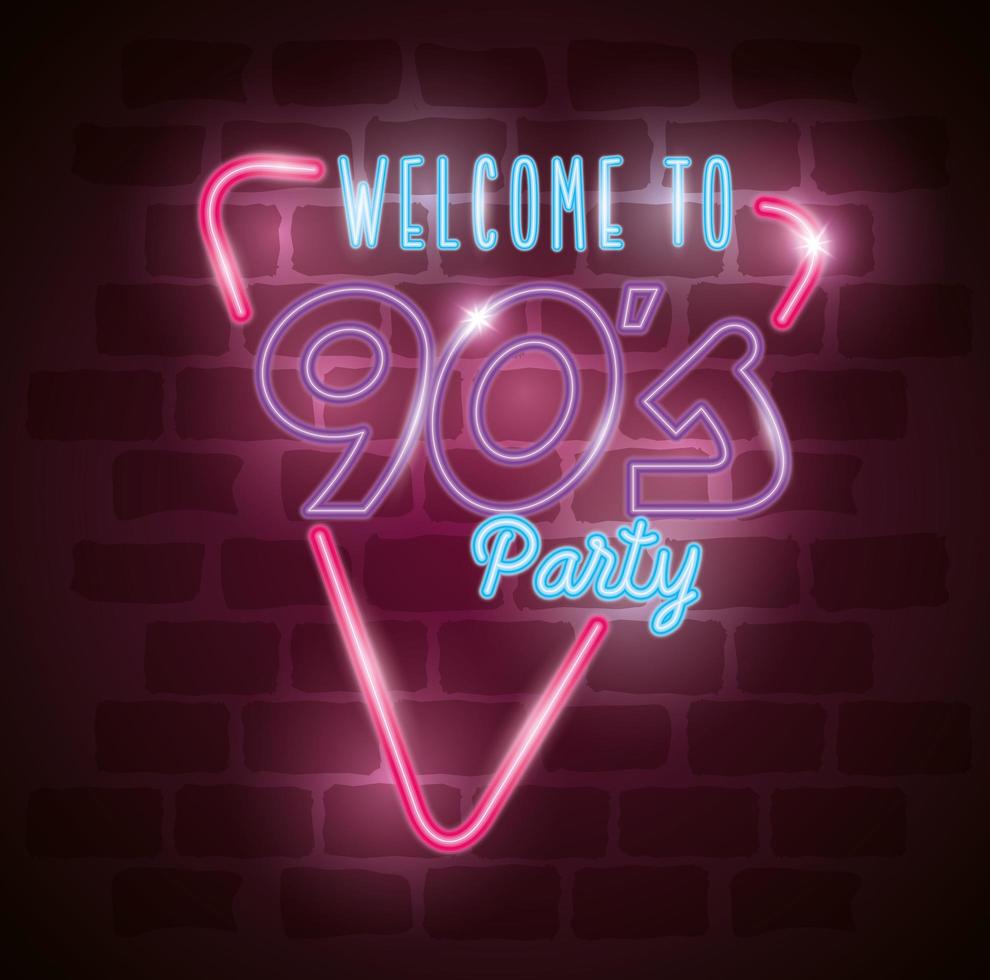 poster di benvenuto alla luce al neon della festa degli anni novanta vettore