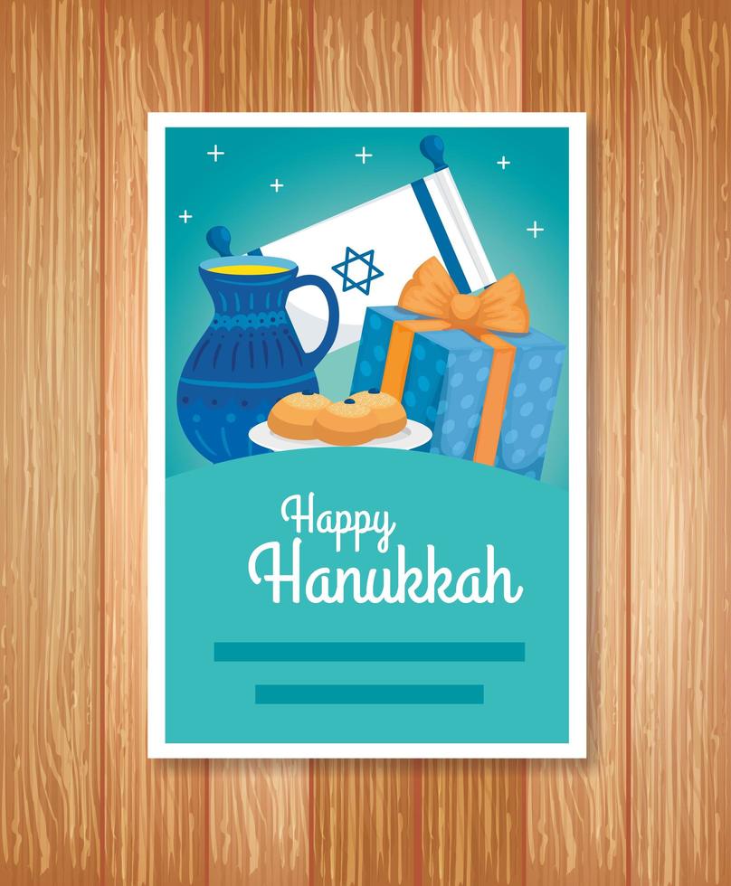 poster di felice hanukkah con decorazioni su fondo in legno vettore