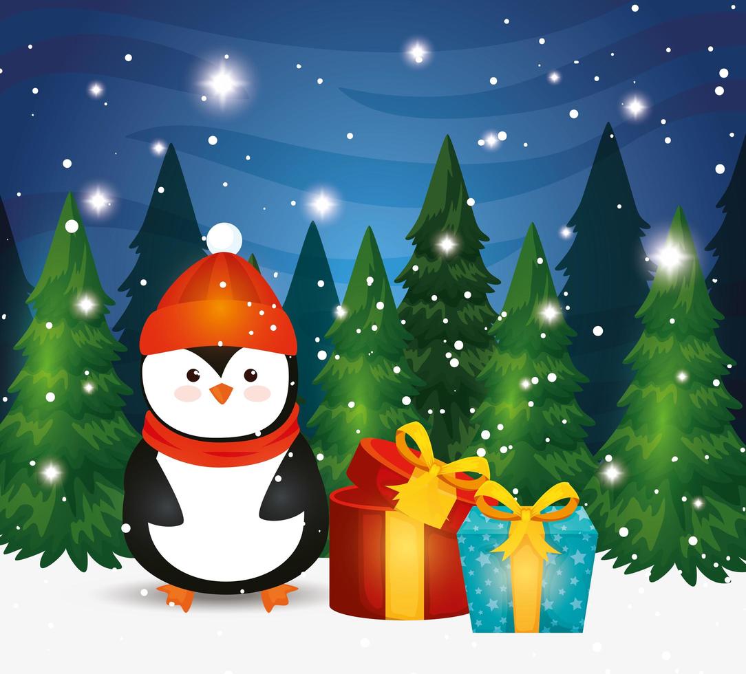 pinguino con scatole regalo nella scena invernale vettore