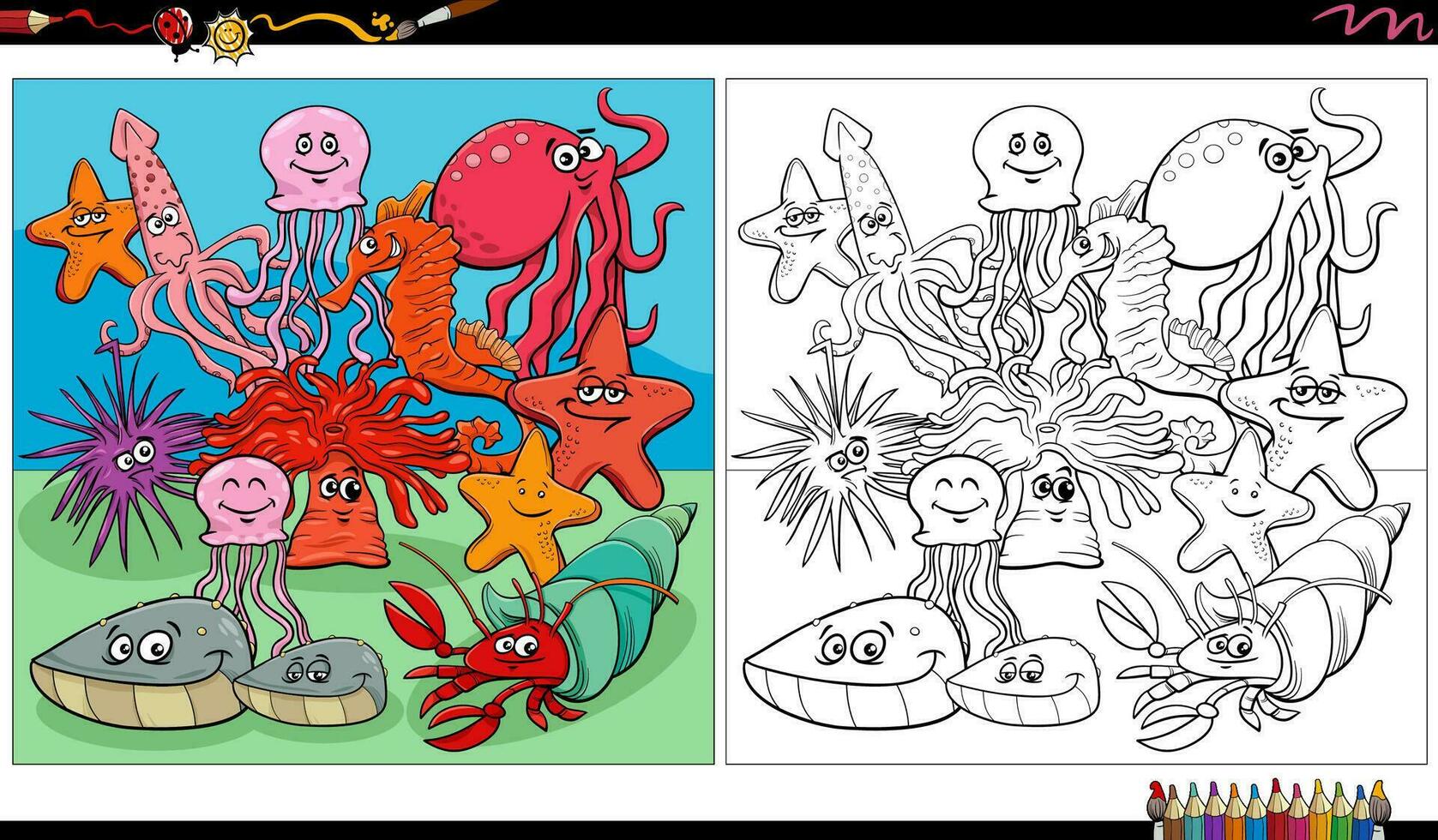 cartone animato pesce e marino animale personaggi gruppo colorazione pagina vettore