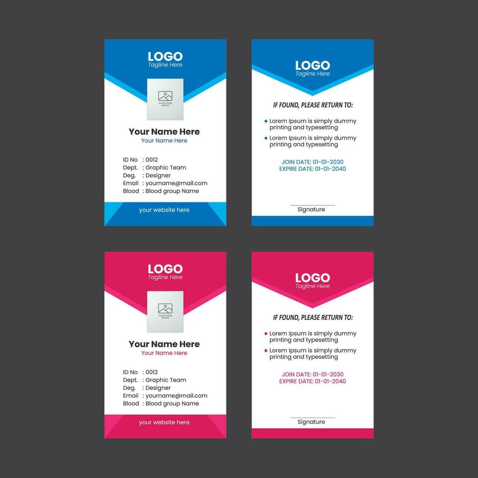 aziendale id carta modello, ufficio id carta, dipendente id carta, blu, arancia, ciano colore impostare. semplice realistico design. piatto stile illustrazione. vettore