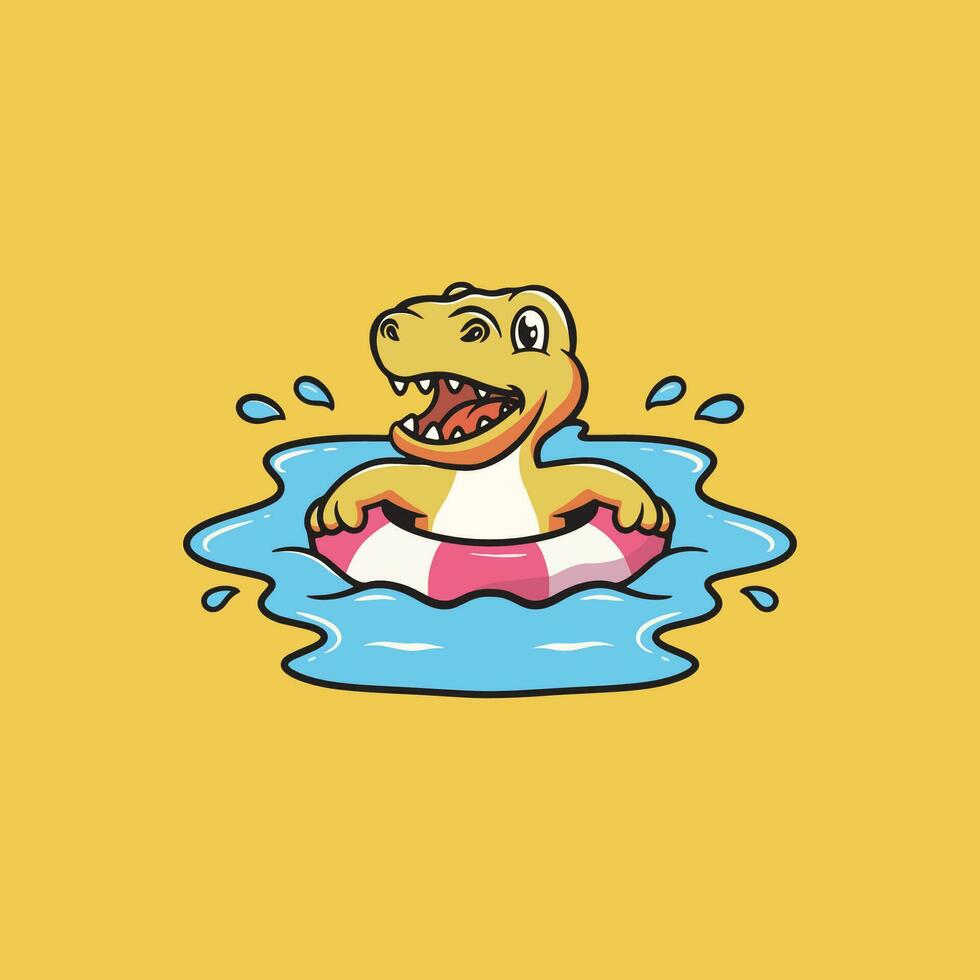 carino t rex nuoto nel il piscina cartone animato illustrazione vettore