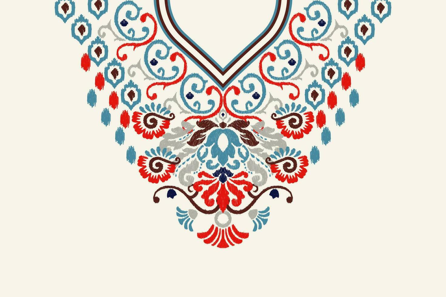 bellissimo floreale scollatura ikat paisley ricamo su bianca background.boho scollatura modelli tradizionale.azteco stile astratto vettore illustrazione.disegno per trama, tessuto, abbigliamento, avvolgimento, decorazione