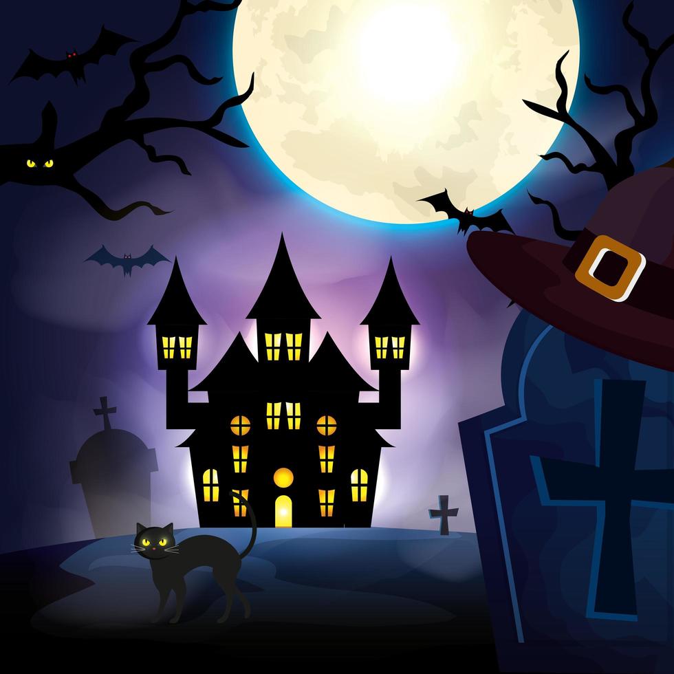 castello infestato con gatto nella scena di halloween notte oscura vettore