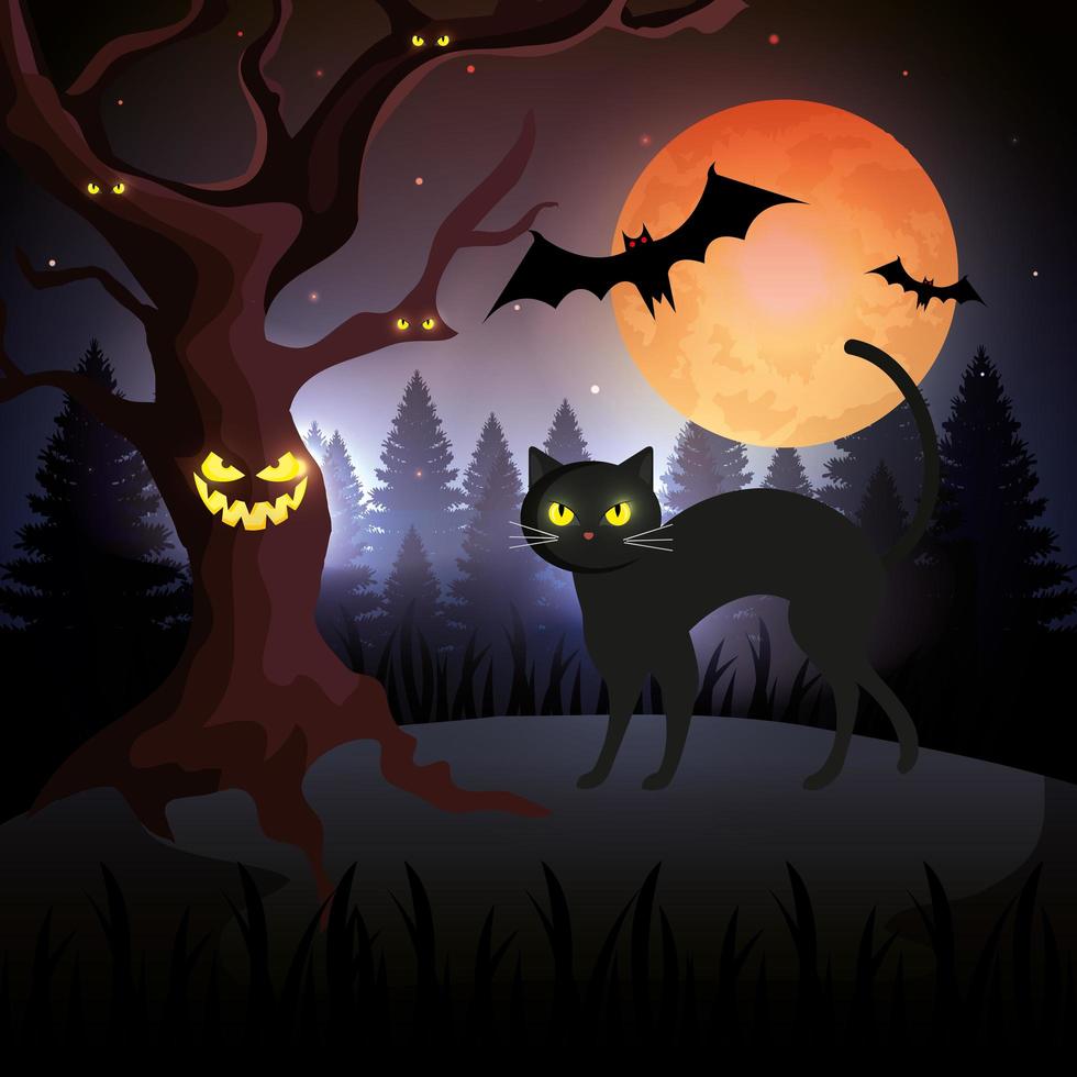gatto nella scena di halloween della notte oscura vettore