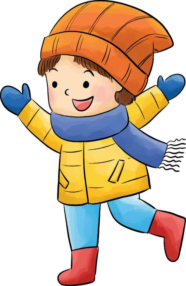 contento ragazzo indossare inverno vestito. acquerello vettore. bambini illustrazione. vettore