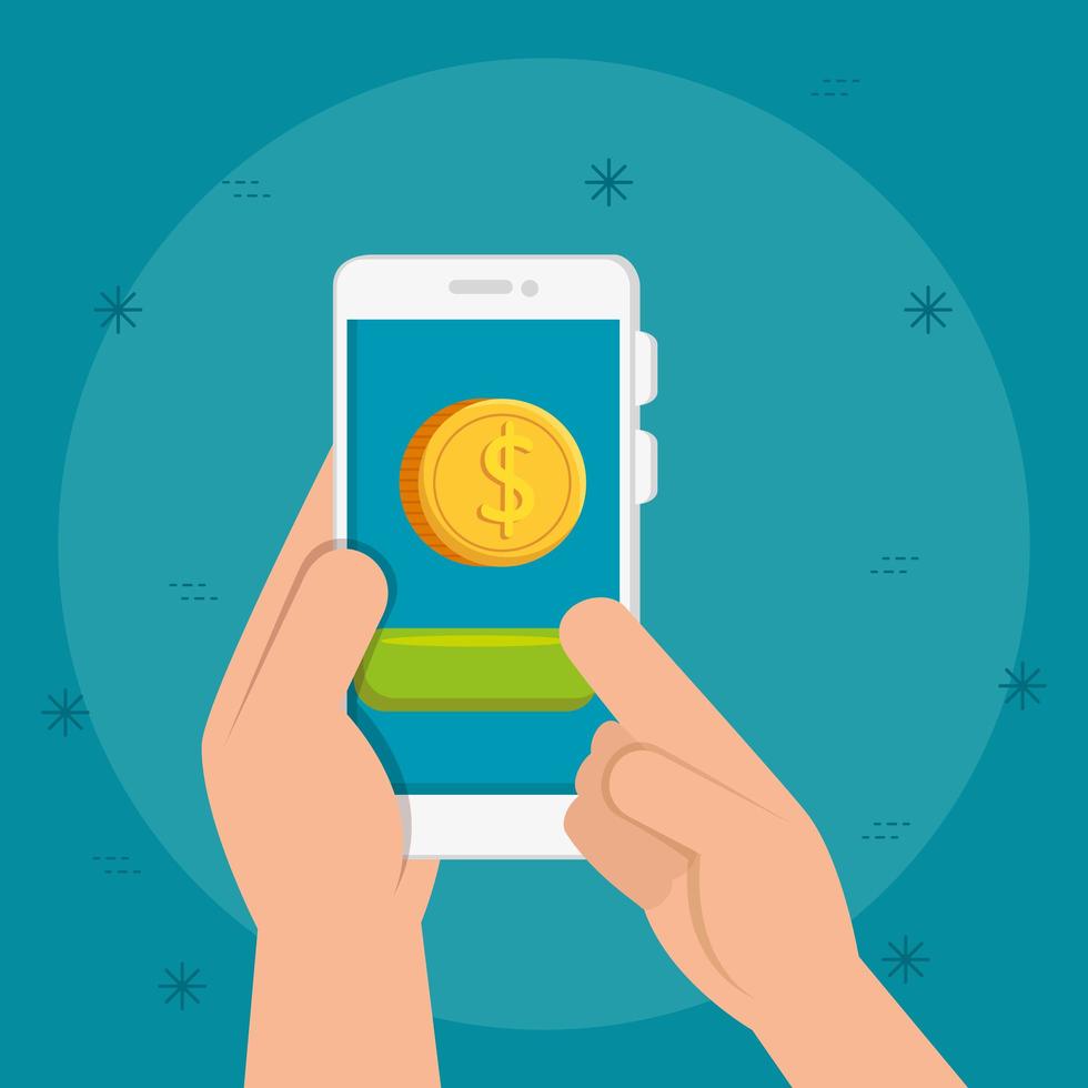 mani e smartphone con icona isolata moneta vettore