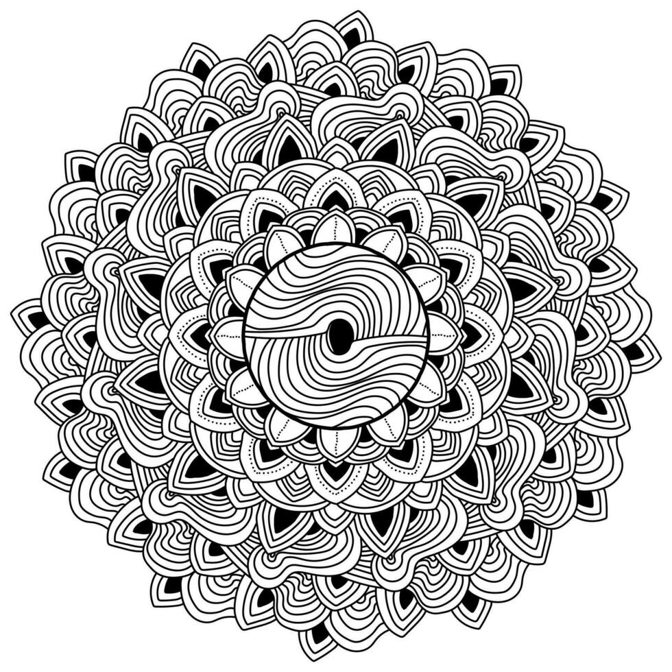 astratto mandala con petali e zen motivi, meditativo colorazione pagina con ornato a strisce elementi per creatività vettore