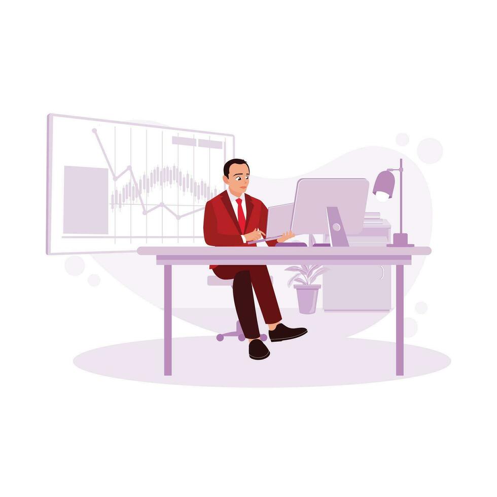 un' occupato uomo d'affari nel il ufficio analisi commercio grafici su un' computer schermo. finanziario commercio e investire concetto. tendenza moderno vettore piatto illustrazione