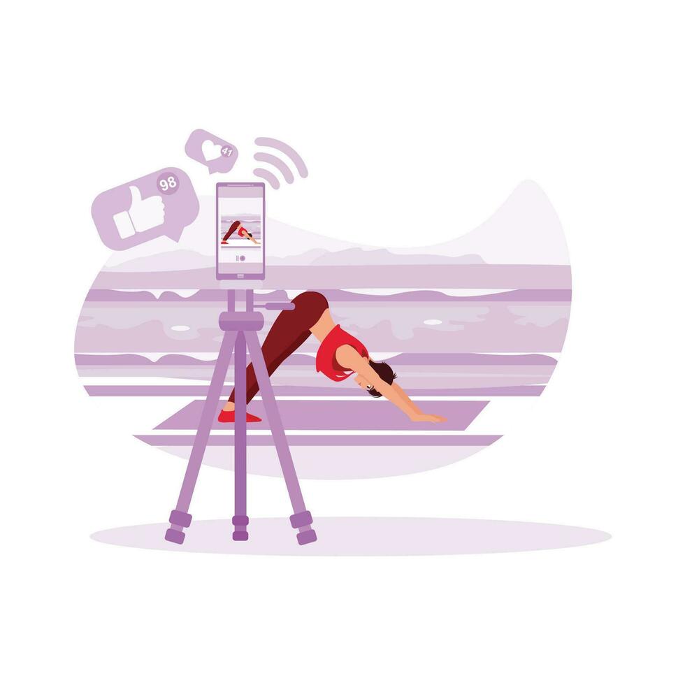 giovane donna fare yoga e fitness all'aperto, registrazione vivere su mobile Telefono. Salute contenuto. blog creazione concetto. tendenza moderno vettore piatto illustrazione