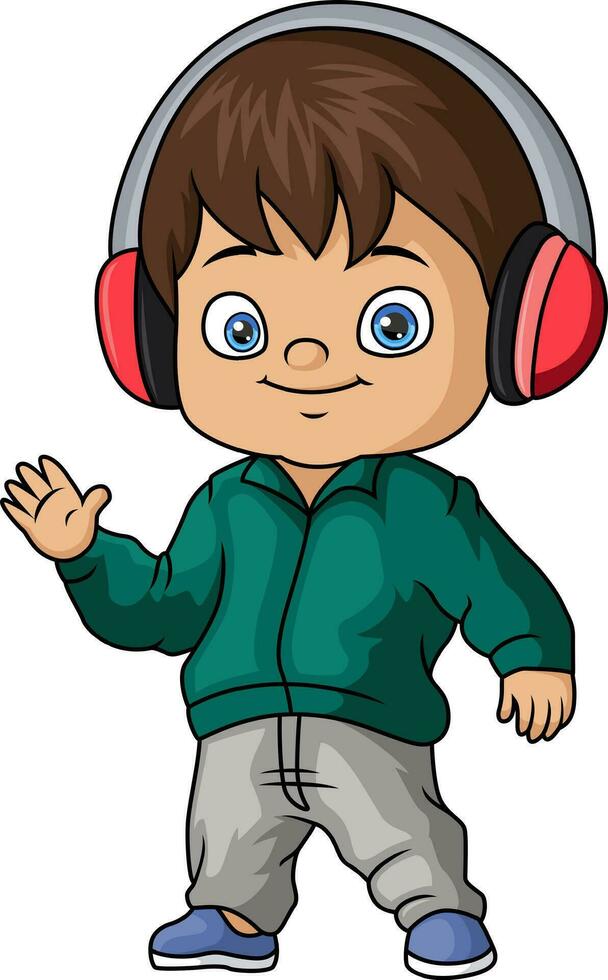 carino poco ragazzo cartone animato ascoltando musica con cuffie vettore