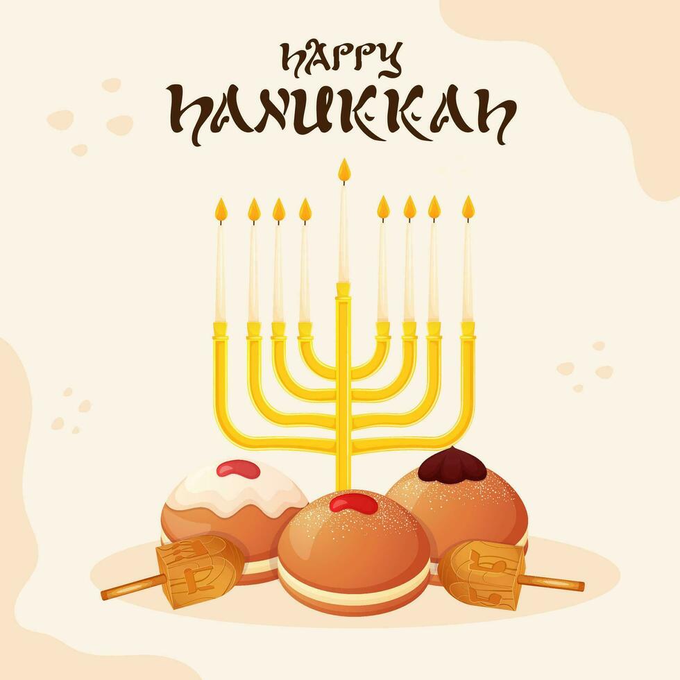 ebraico vacanza hanukkah saluto carta con tradizionale candeliere, dolci e gioco vettore