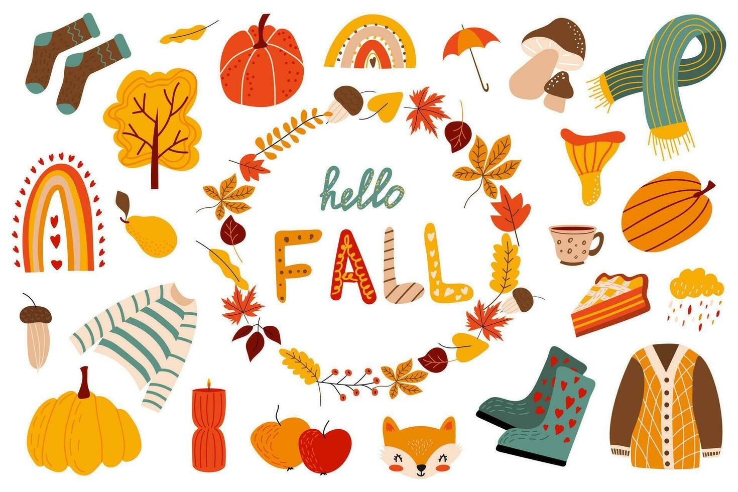 vettore impostato di autunno elementi. autunno stagione. foglie, ghiande, maglione, sciarpa, zucche, stivali, fungo, torta, arcobaleno, lettering Ciao autunno. collezione di autunno elementi per scrapbooking.poster, bandiera