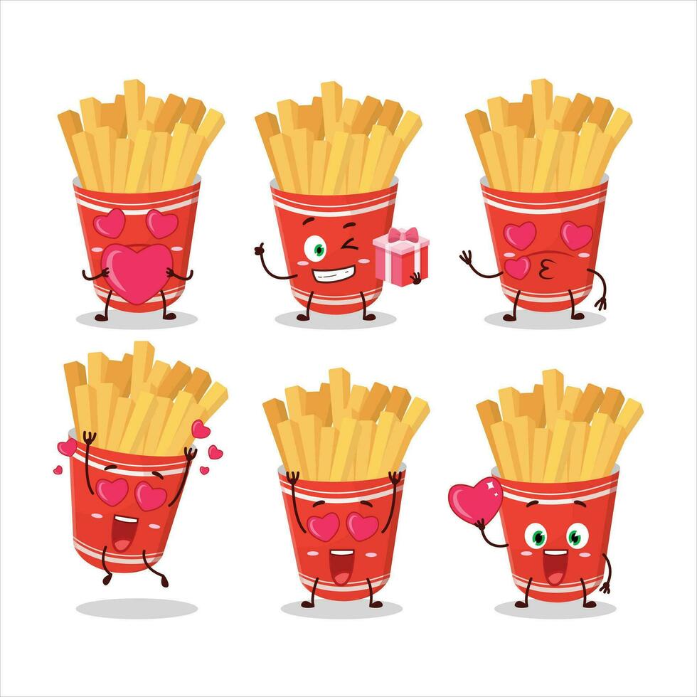 tazza di francese patatine fritte cartone animato personaggio con amore carino emoticon vettore